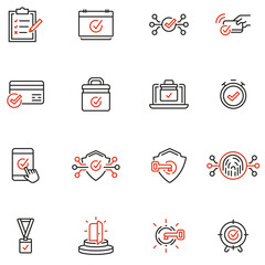 vector set of linear icons related to verification, protection, authentication, identification and s