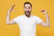 © ViDi Studio - Excited young bearded man guy 20s in white casual t-shirt posing isolated on yellow background studio portrait. People lifestyle concept. Mock up copy space. Showing blah blah gesture ja jaja hands.