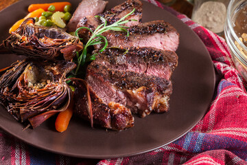 Sticker - Slices of beef steak served with baked artichoke