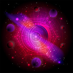 Wall Mural - vector illustration of sacred geometric symbol against the space background with planets and stars.