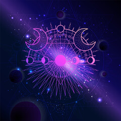 Wall Mural - vector illustration of sacred geometric symbol against the space background with planets and stars.