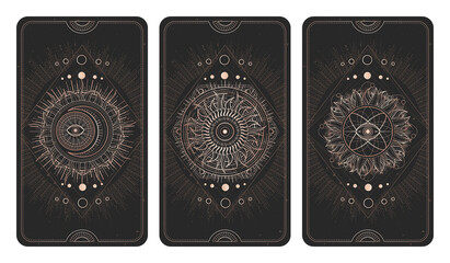 Wall Mural - Vector set of three dark illustrations with sacred geometry symbols, grunge textures and frames.