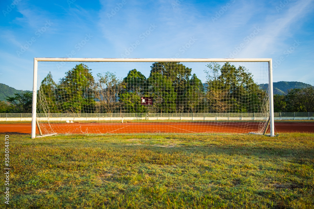 View of soccer goal net on green grass field in stadium. Football arena ...