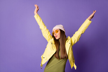 Wall Mural - Portrait of her she nice-looking attractive lovely fashionable dreamy cheerful cheery girl enjoying having fun isolated over bright vivid shine vibrant lilac purple violet color background