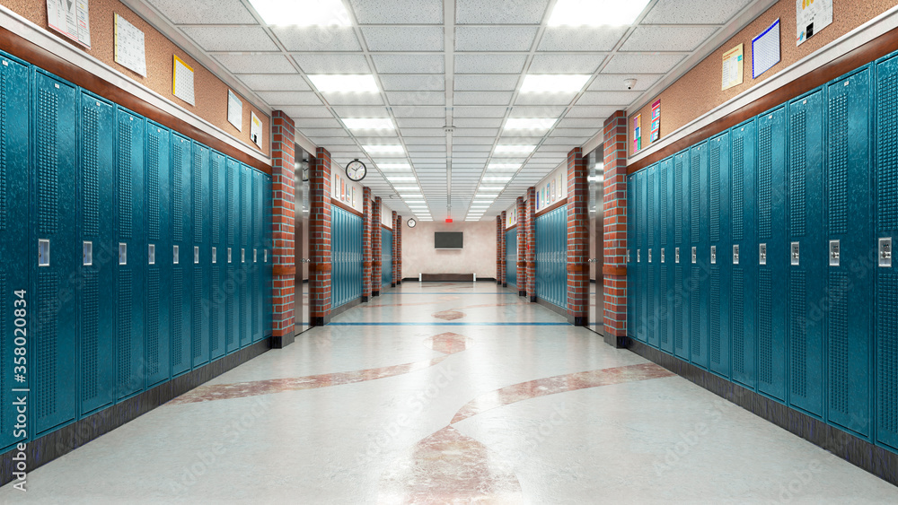 School corridor with lockers. 3d illustration - obrazy, fototapety, plakaty 