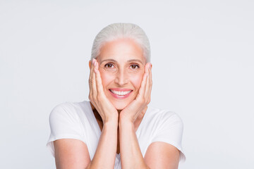 Poster - Close-up portrait of her she nice-looking attractive lovely delighted groomed cheerful cheery glad tender gray-haired lady isolated over light white grey background