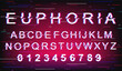 Euphoria glitch font template. Retro futuristic style vector alphabet set on purple background. Capital letters, numbers and symbols. Joyful feeling typeface design with distortion effect