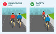 Dangerous and safety bicycle ride on road. Single file and two abreast riding. Flat vector illustration.