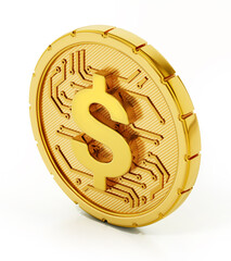 Wall Mural - Gold coin with dollar sign and PCB texture. 3D illustration