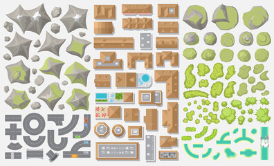 Sticker - Vector set. Urban and landscape elements. Top view. 
Mountains, hills, roads, houses, stones, forest, river. View from above.