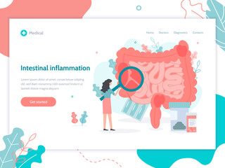 Wall Mural - Diagnosis and treatment of the bowel: intestinal inflammation, enteritis, colitis, dysbacteriosis. Medical flat vector illustration. Web page design template.