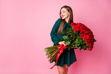 Photo Of Adorable Charming Chic Lady Hold Large Red Long Roses Bouquet Overjoyed Boyfriend Husband Birthday Surprise Wear Green Mini Dress Isolated Pastel Pink Color Background