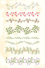 Set of floral seamless border with green leaf branches, pink sweet pea flowers, lilac, cotton bunch. Summer textile collection. Desig for tape, paper, fabric.