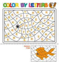 ABC Coloring Book For Children. Color By Letters. Learning The Capital Letters Of The Alphabet. Puzzle For Children. Letter F. Fish