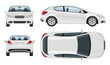 © Yuri Schmidt - White hatchback car vector template with simple colors without gradients and effects. View from side, front, back, and top.