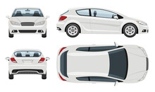 White Hatchback Car Vector Template With Simple Colors Without Gradients And Effects. View From Side, Front, Back, And Top. 