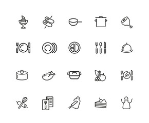 Sticker - Cooking icons. Set of twenty line icons. Plate, saucepan, menu. Food preparation concept. illustration can be used for topics like restaurant, food