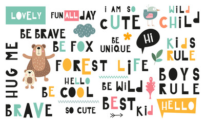 Set of lettering -  forest quotes, phrases and words. Graphic design for t-shirt, posters, greeting cards, nursery design. Vector illustration. Woodland theme.