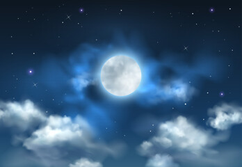 Wall Mural - Vector beautiful blue night sky with glowing full moon, stars and clouds