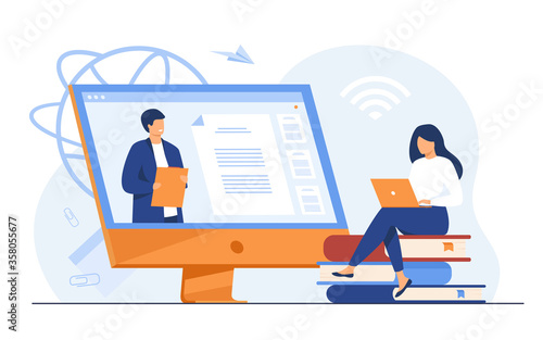 Fotografía Female student listening webinar online flat vector illustration