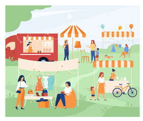 Happy people at street season flea market flat vector illustration. Cartoon crowd walking at park during summer fair. Sale community and marketplace concept