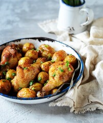 Wall Mural - Baked chicken legs with young potatoes in a baking dish on a gray background