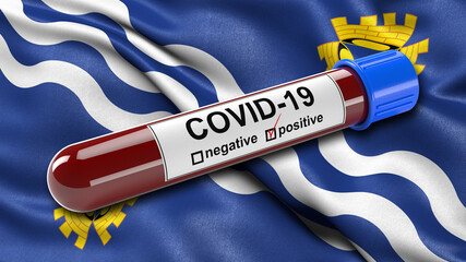 Wall Mural - Flag of Merseyside waving in the wind with a positive Covid-19 blood test tube. 3D illustration concept for blood testing for diagnosis of the new Corona virus.