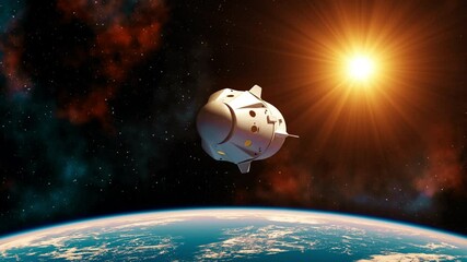 Wall Mural - commercial spacecraft opens docking hatch in the rays of sun. 3d animation. 4k. 3840x2160.