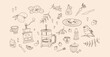 © Lena Lapina - Breakfast coffee line art doodle set. Collection of hand-drawn vector elements about breakfast. Coffee grinder, bird, cup, and a fried egg. Isolated rustic style illustrations for web and print.