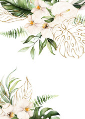 Wall Mural - Watercolor tropical floral border - green, gold, blush leaves & flowers . For wedding stationary, greetings, wallpapers, fashion, background.