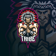 Tribe Mascot Logo Design Vector With Modern Illustration Concept Style For Badge, Emblem And T Shirt Printing. Tribe Illustration With Spear In Hand.