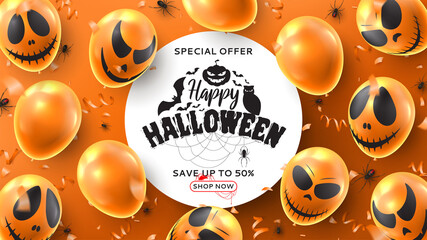 Wall Mural - Happy Halloween sale promo banner. Vector illustration realistic orange balloons with scary smiles and black spiders on orange background. Halloween sale background with serpentine and confetti.