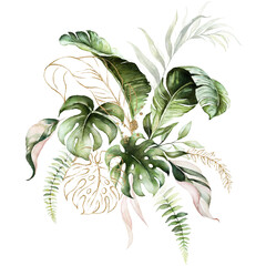 Wall Mural - Watercolor tropical floral bouquet - green & gold leaves. For wedding stationary, greetings, wallpapers, fashion, background.