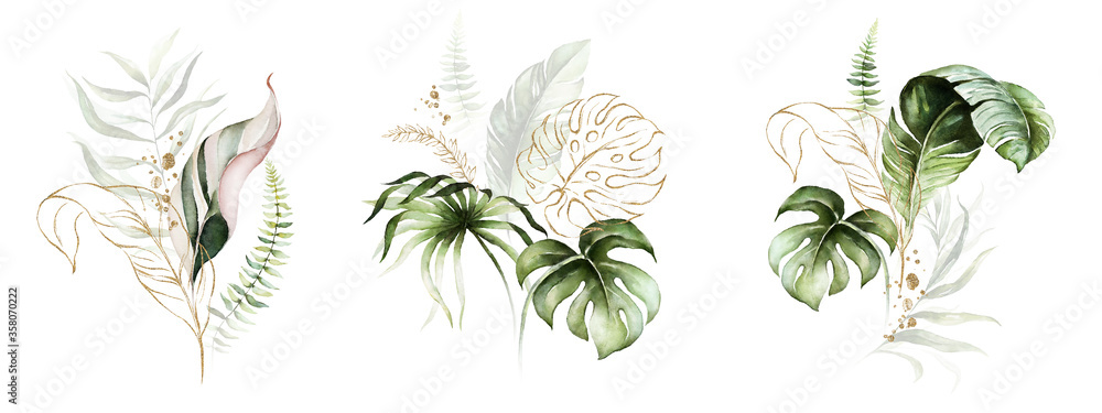 Watercolor tropical floral bouquet set - green, blush & gold leaves. For wedding stationary, greetings, wallpapers, fashion, background. - obrazy, fototapety, plakaty 