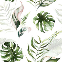 Wall Mural - Green tropical leaves on white background. Watercolor hand painted seamless pattern. Floral tropic illustration. Jungle foliage.