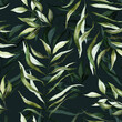 © Veris Studio - Green tropical leaves on dark background. Watercolor hand painted seamless pattern. Floral tropic illustration. Jungle foliage.