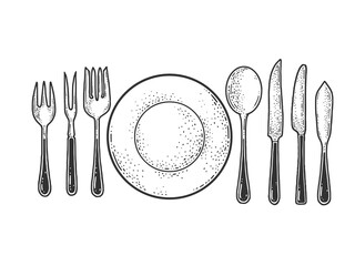 plate and cutlery sketch engraving vector illustration. T-shirt apparel print design. Scratch board imitation. Black and white hand drawn image.