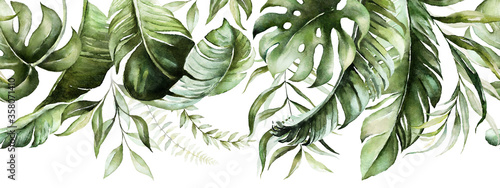 Dekoracja na wymiar  zielone-liscie-tropikalne-na-bialym-tle-akwarela-recznie-malowane-bezszwowe-obramowanie-kwiatowy