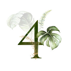 Wall Mural - Tropical Green Gold Floral Numbers - digit 4 with green gold leaves. Collection for wedding invites decoration, birthdays & other concept ideas.