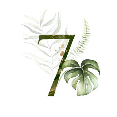 Wall Mural - Tropical Green Gold Floral Numbers - digit 7 with green gold leaves. Collection for wedding invites decoration, birthdays & other concept ideas.