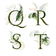 Tropical Green Gold Floral Alphabet Set - Letters Q, R, S, T With Green Gold Leaves. Collection For Wedding Invites Decoration, Birthdays & Other Concept Ideas.