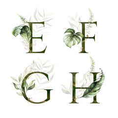 Wall Mural - Tropical Green Gold Floral Alphabet Set - letters E, F, G, H with green gold leaves. Collection for wedding invites decoration, birthdays & other concept ideas.