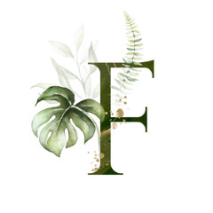 Tropical Green Gold Floral Alphabet - letter F with green gold leaves. Collection for wedding invites decoration, birthdays & other concept ideas.