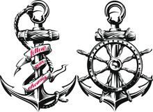 Anchor And Ship Wheel  Vector Illustration
