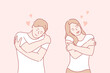 © Dzianis Vasilyeu - Care, embrace, couple concept. Young happy loving happy man woman boy girl teenagers cartoon character hugging themselves on shoulders. Self caring love or body positive flat vector illustration.