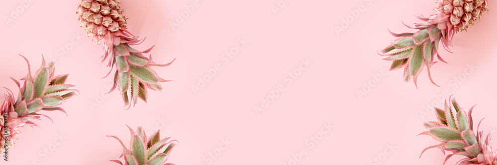 Banner with frame made of pink pineapples. Summertime creative concept. - obrazy, fototapety, plakaty 