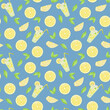 Watercolor seamless pattern with lemon slices, lemonade and green leaves on blue background