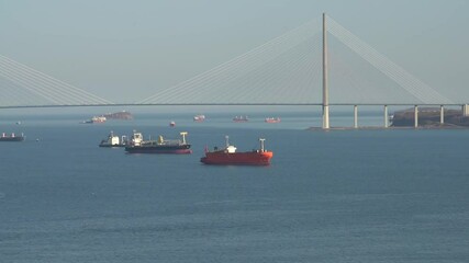 Sticker - Time lapse of the movement of ships on the background of the seascape. Vladivostok, Russia