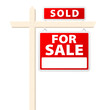 Basic house for sale with Sold above sign. Vector illustration