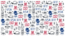 USA Hand Draw Doodle Background. United States Of America Popular Symbols And Elements. Vector Illustration.